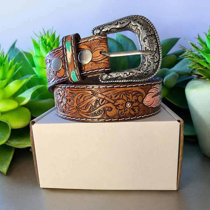 The Wandering Feather | Western Tooled Leather Feather Belt