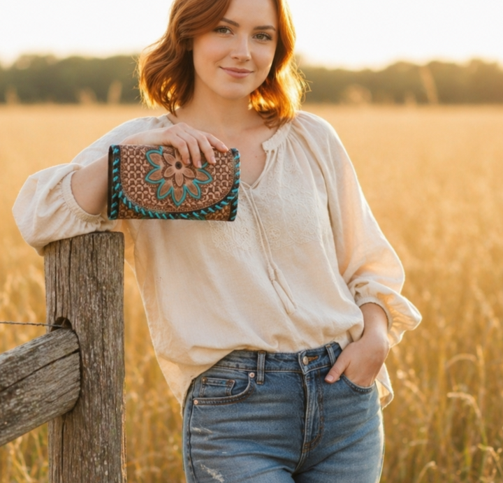 The Blossom | Hand Tooled & Painted Western Leather Clutch