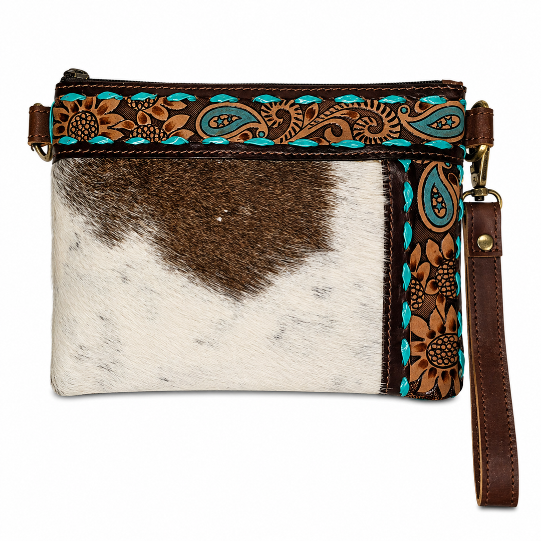 The Summer | Western Tooled Leather Cowhide Wristlet Crossbody Bag