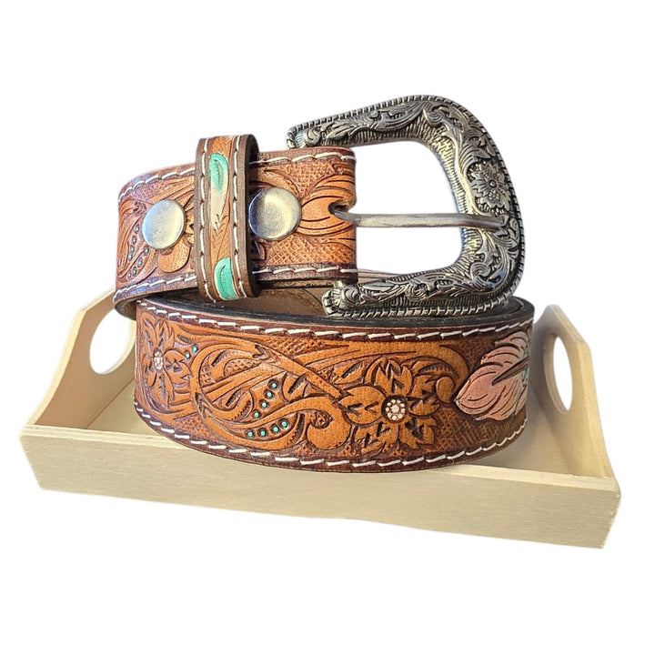 The Wandering Feather | Western Tooled Leather Feather Belt