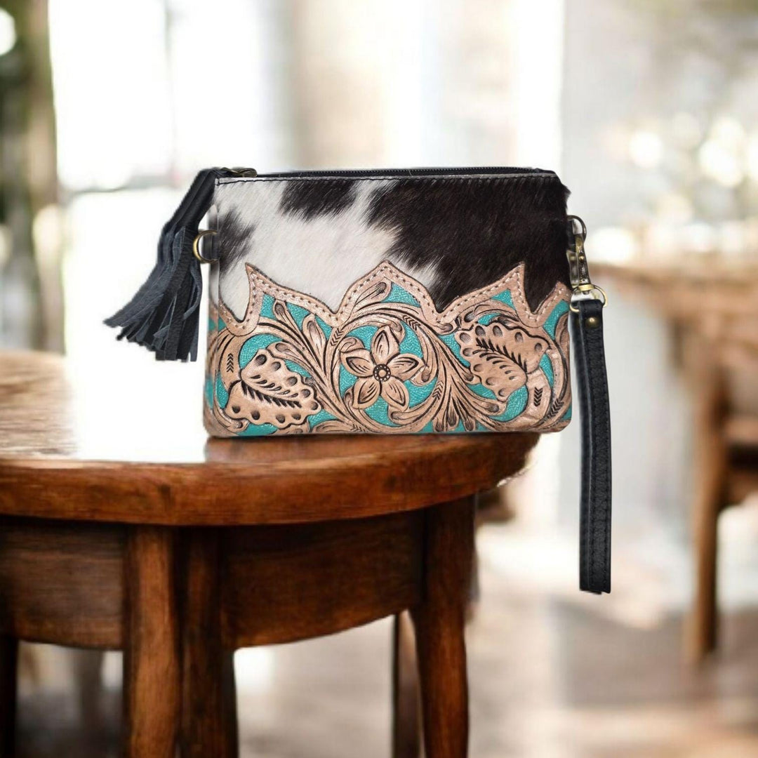 The Western Grace Wristlet & Crossbody | Tooled Leather Cowhide Convertible Bag