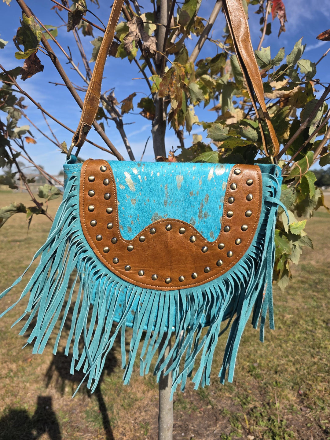 The Sky Fringe Crossbody | Turquoise Cowhide Western Fringe Bag
