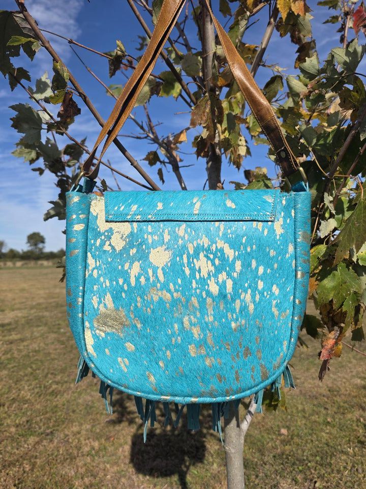 The Sky Fringe Crossbody | Turquoise Cowhide Western Fringe Bag