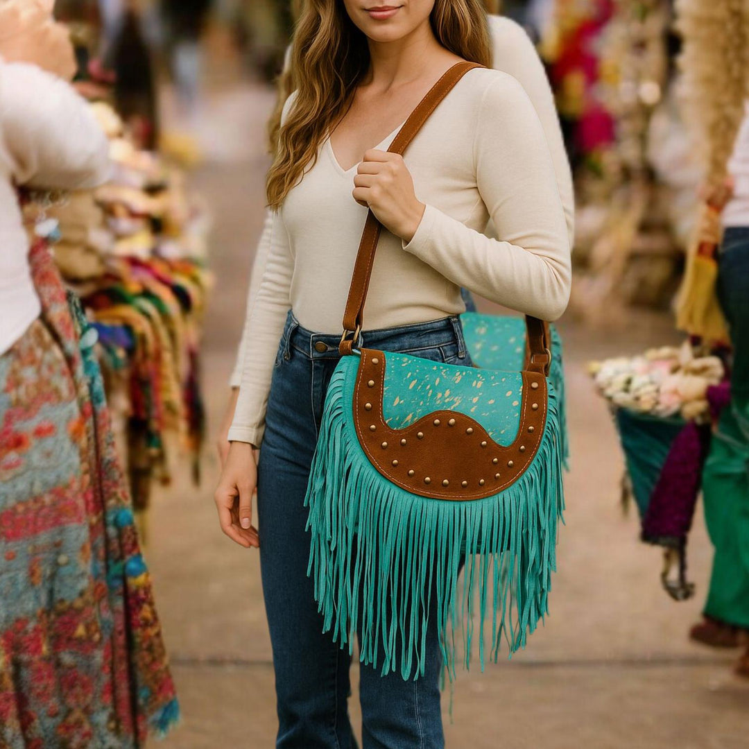 The Sky Fringe Crossbody | Turquoise Cowhide Western Fringe Bag