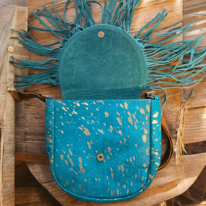 The Sky Fringe Crossbody | Turquoise Cowhide Western Fringe Bag
