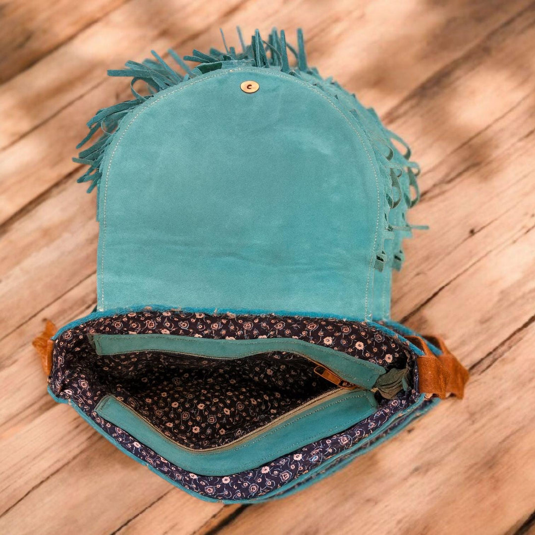The Sky Fringe Crossbody | Turquoise Cowhide Western Fringe Bag