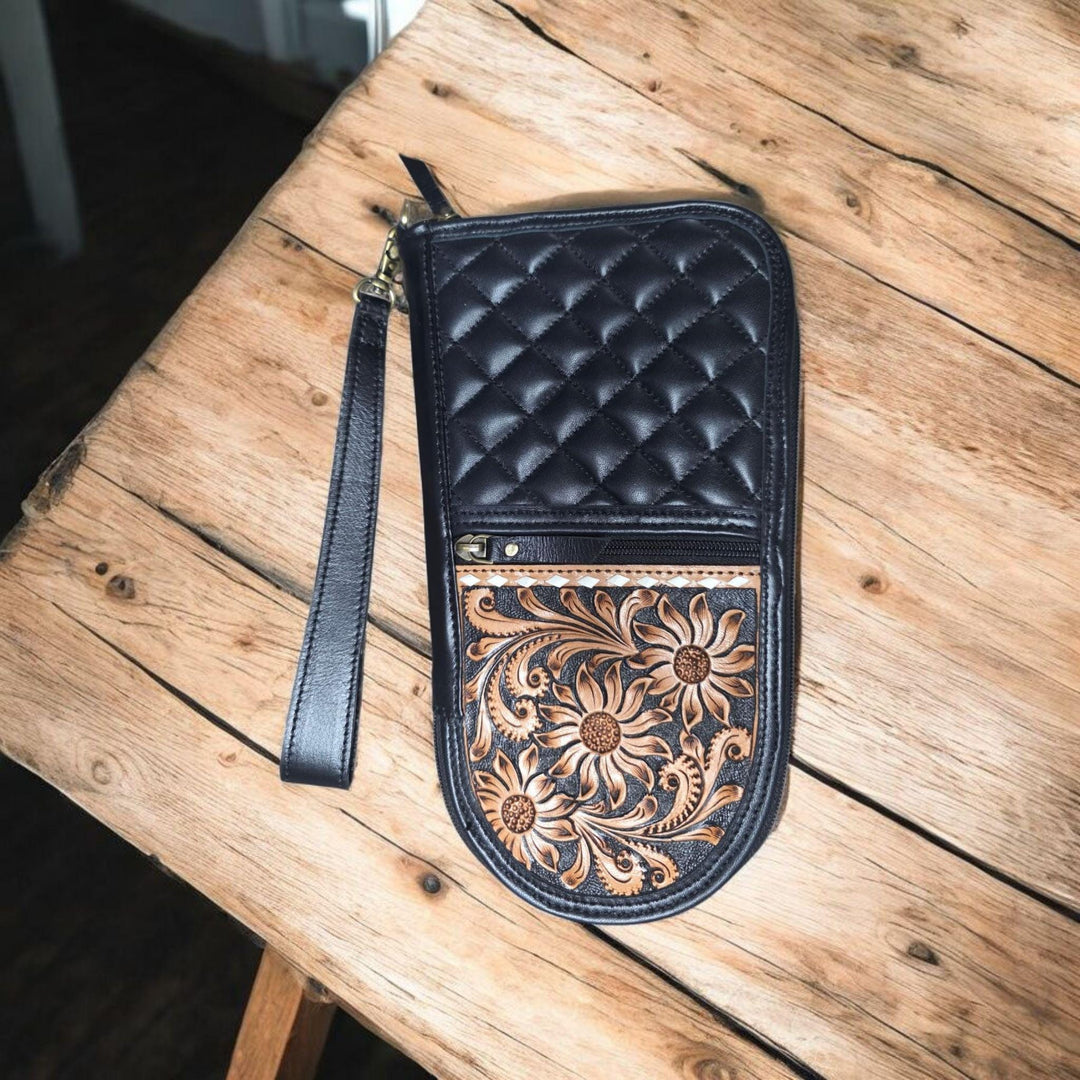 The Sunflower Carry Wristlet | Quilted & Hand-Tooled Leather Western Travel Case