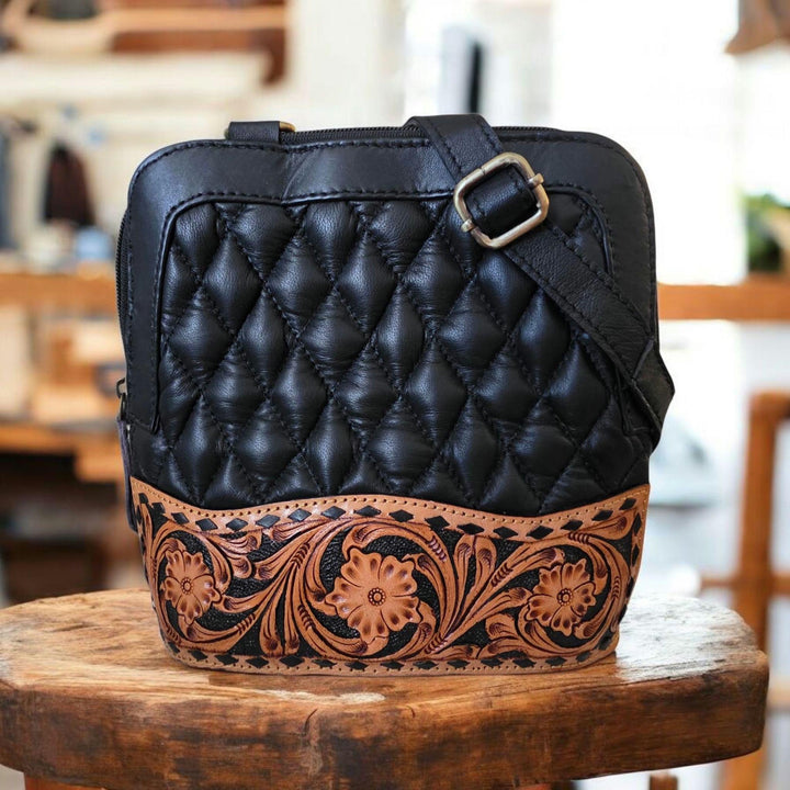 The Midnight Bloom Crossbody | Quilted Leather & Hand-Tooled Western Bag