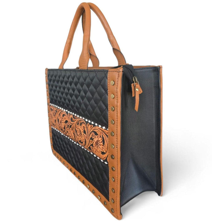 The Diamond Lattice Tote | Quilted & Hand-Tooled Western Leather Handbag