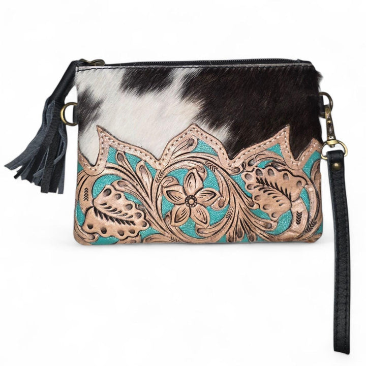 The Western Grace Wristlet & Crossbody | Tooled Leather Cowhide Convertible Bag