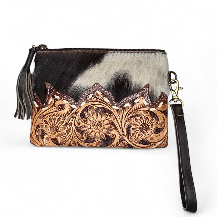 The Western Grace Wristlet & Crossbody | Tooled Leather Cowhide Convertible Bag