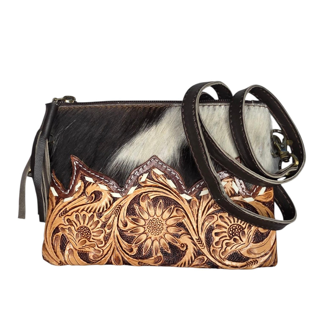 The Western Grace Wristlet & Crossbody | Tooled Leather Cowhide Convertible Bag