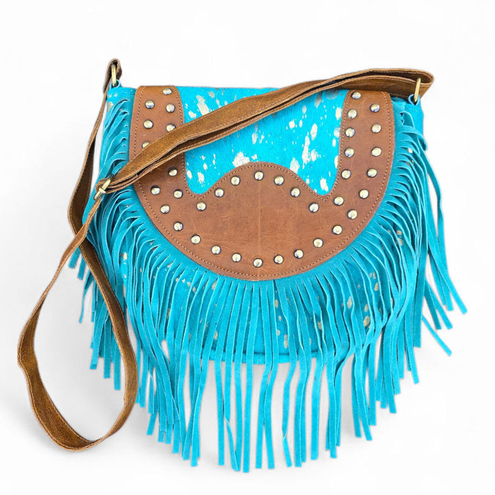 The Sky Fringe Crossbody | Turquoise Cowhide Western Fringe Bag