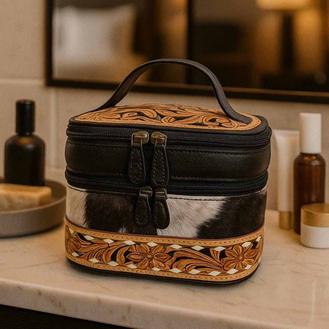 The Frontier Bloom Case | Hand-Tooled Cowhide Leather Makeup & Travel Organizer