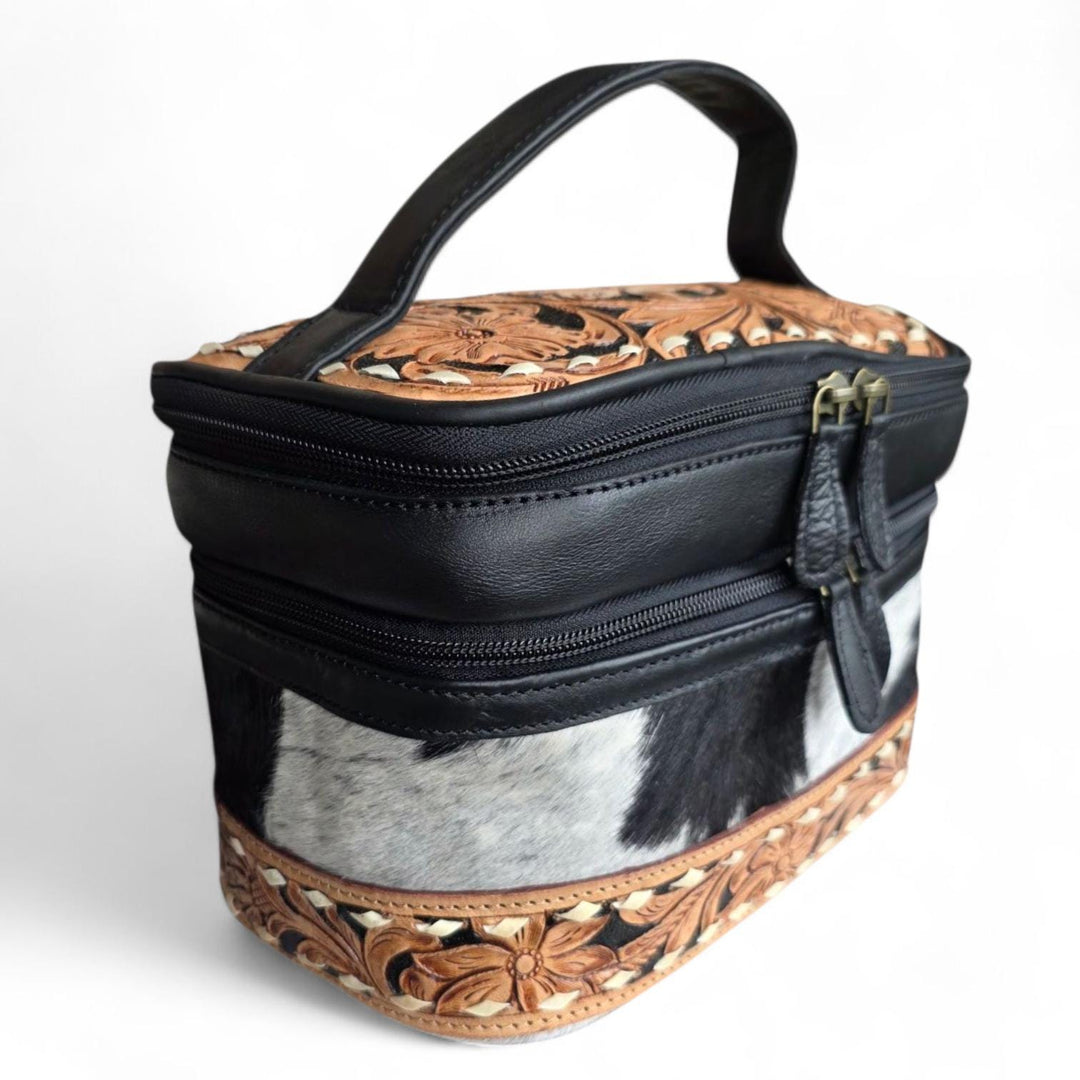 The Frontier Bloom Case | Hand-Tooled Cowhide Leather Makeup & Travel Organizer
