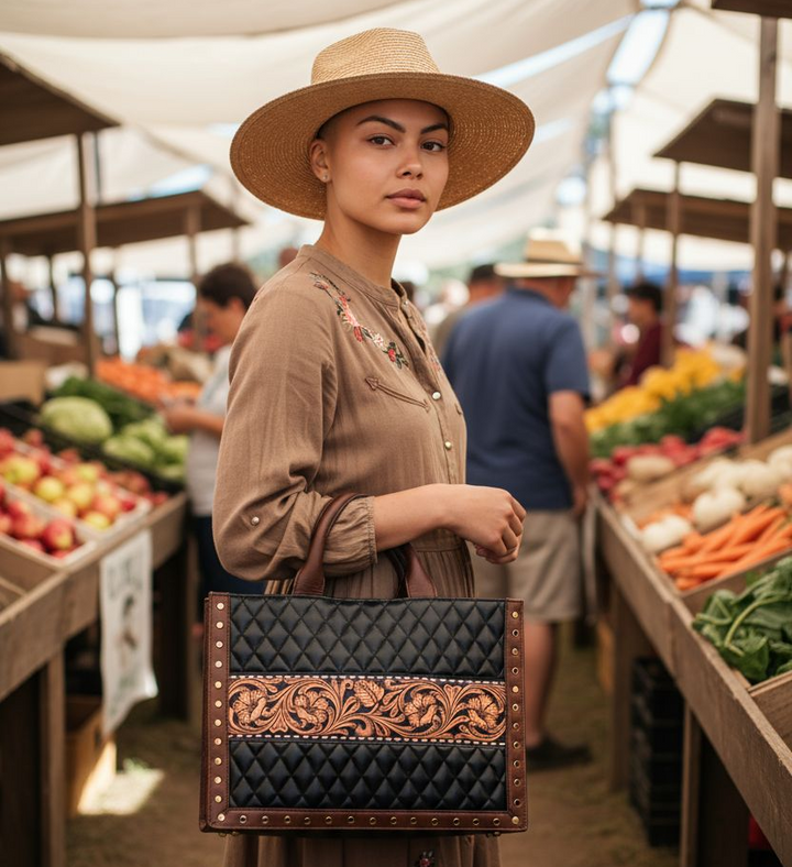 The Diamond Lattice Tote | Quilted & Hand-Tooled Western Leather Handbag