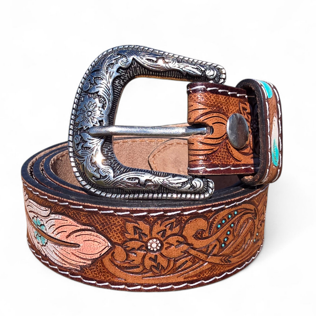 The Wandering Feather | Western Tooled Leather Feather Belt