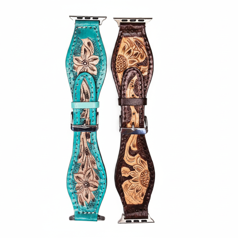 Western Sunflower Apple Watch Band | Hand-Tooled Leather Strap Compatible with Apple Watch