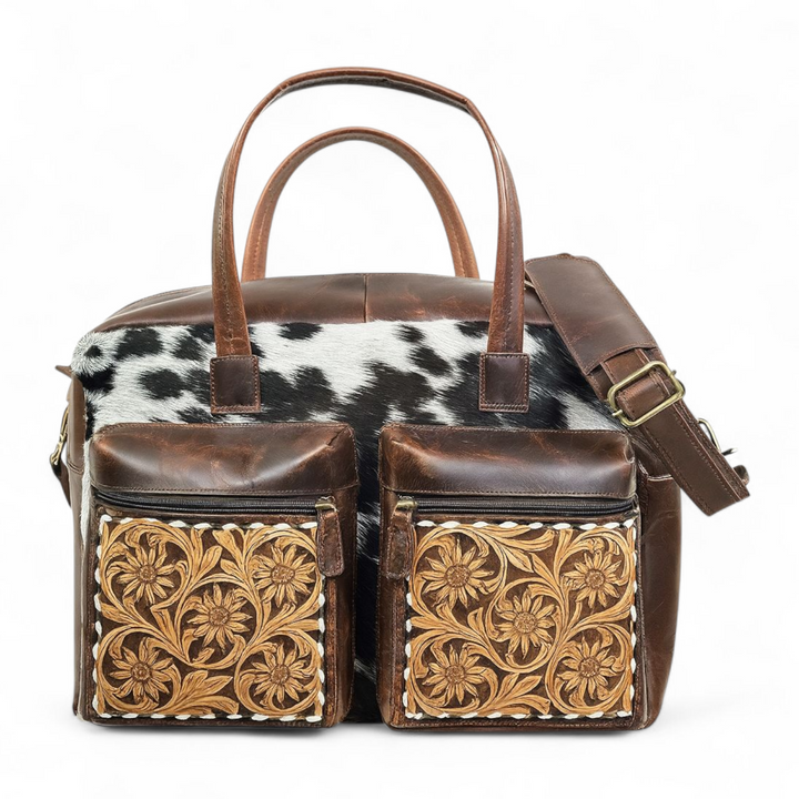 The Mojave Briefcase or Weekender | Cowhide & Hand-Tooled Leather Bag