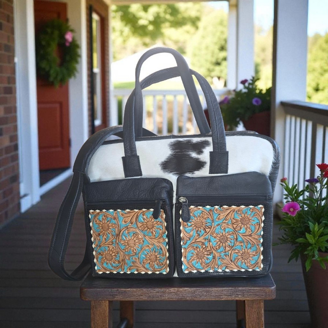 The Mojave Briefcase or Weekender | Cowhide & Hand-Tooled Leather Bag