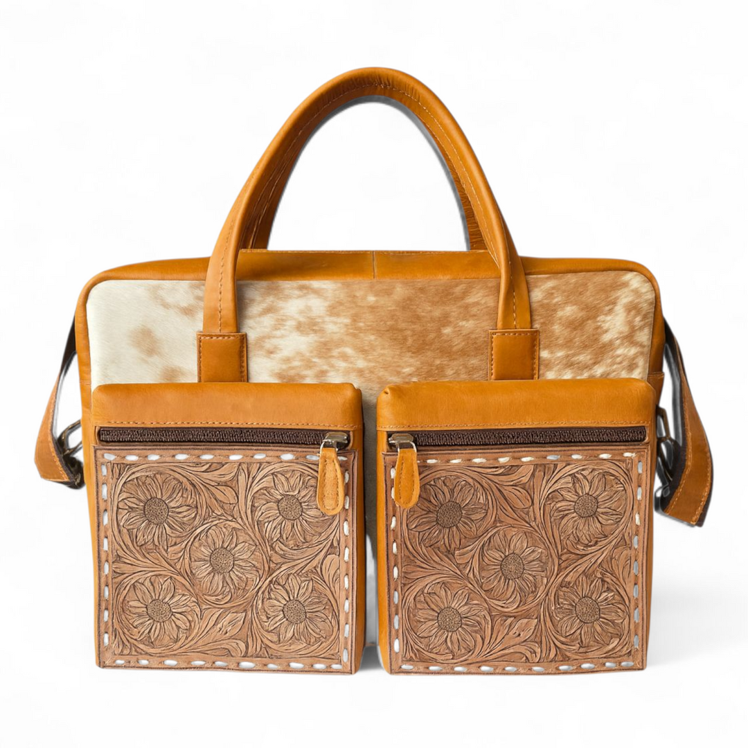 The Mojave Briefcase or Weekender | Cowhide & Hand-Tooled Leather Bag