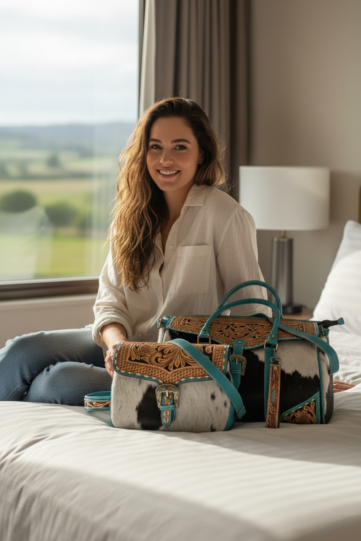 The Dakota | Hand Tooled Leather and Cowhide Large Travel Set
