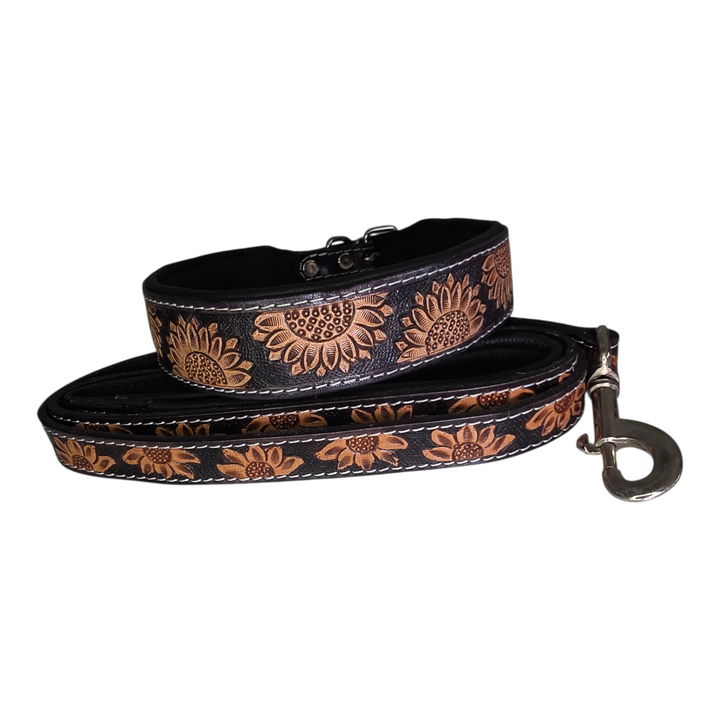 The Midnight Bloom | Western Tooled Leather Dog Collar & Leash Set