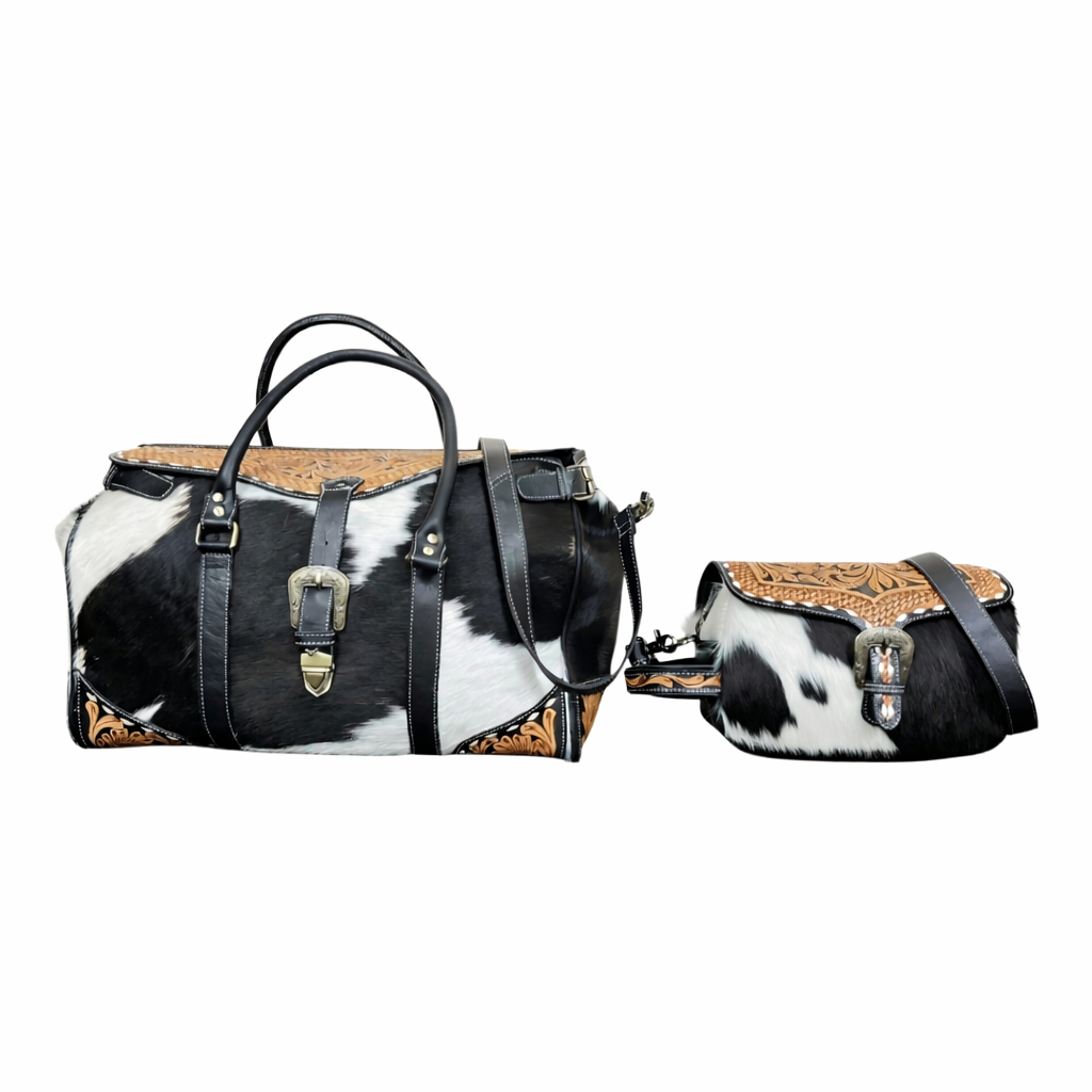 The Dakota | Hand Tooled Leather and Cowhide Large Travel Set