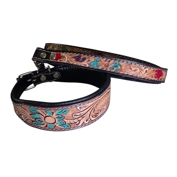 The Painted Mesa | Western Tooled Leather Dog Collar & Leash Set