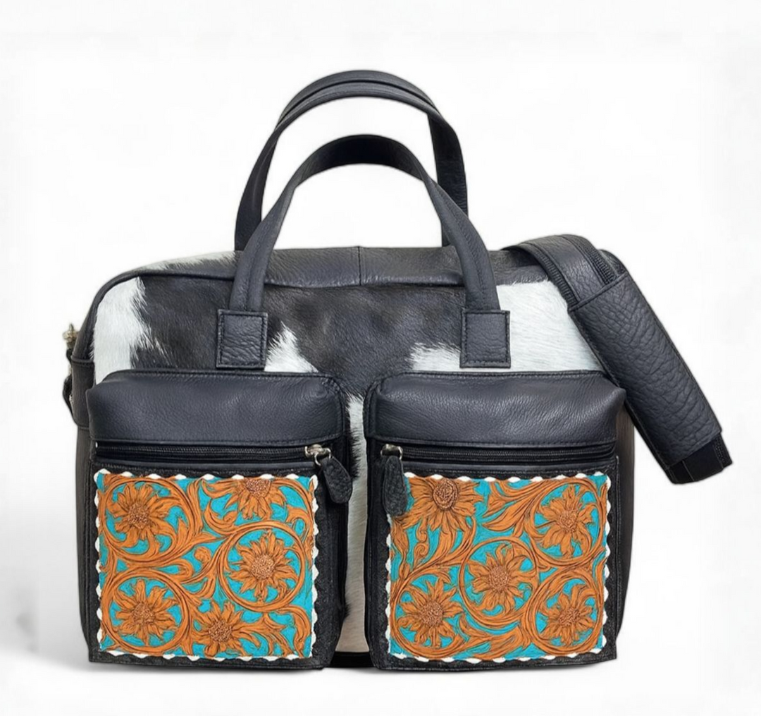 The Mojave Briefcase or Weekender | Cowhide & Hand-Tooled Leather Bag
