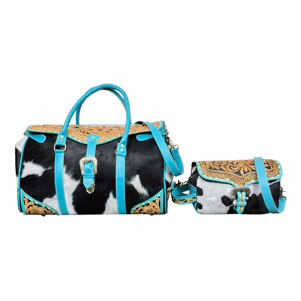 The Dakota | Hand Tooled Leather and Cowhide Large Travel Set