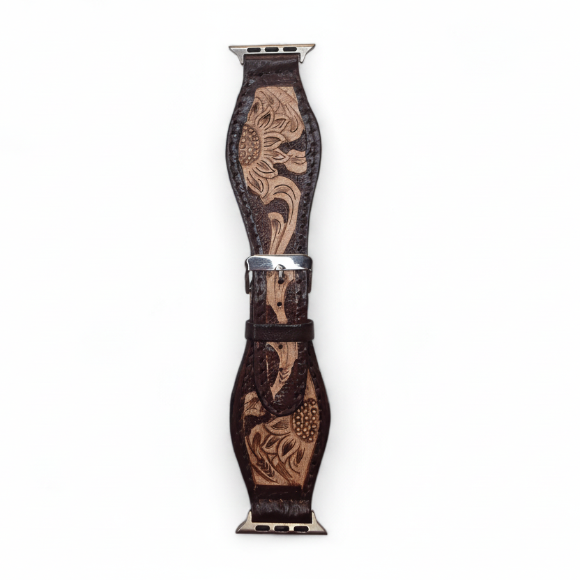 Western Sunflower Apple Watch Band | Hand-Tooled Leather Strap Compatible with Apple Watch